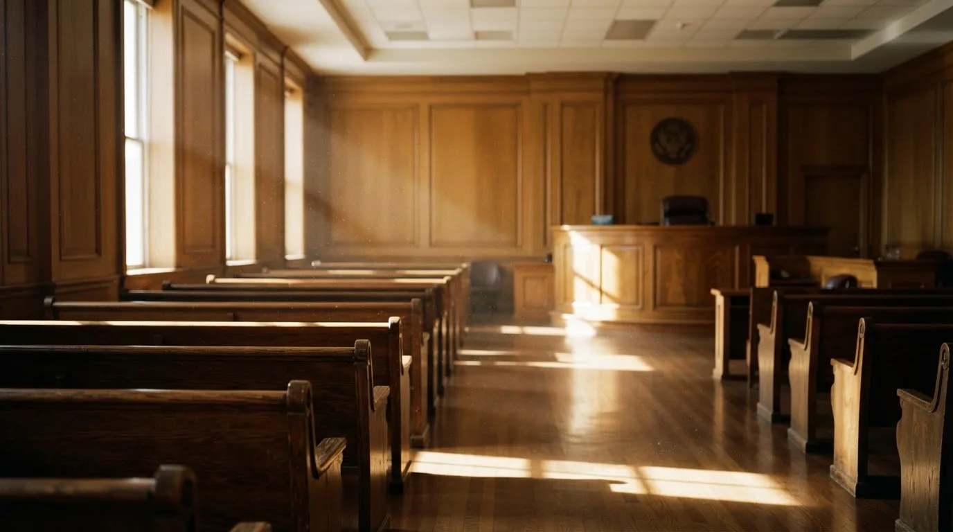 An empty courtroom with wooden benches in morning light