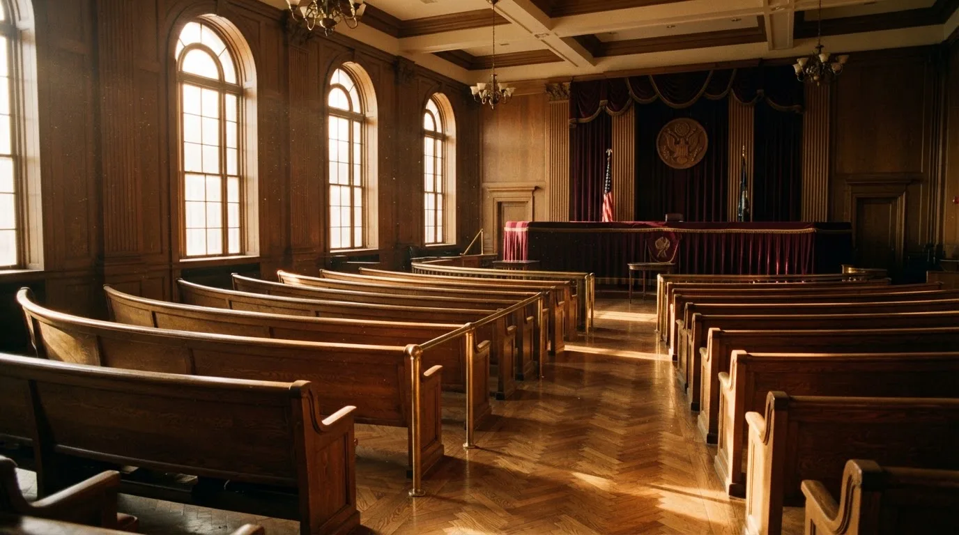 An empty courtroom with wooden benches in morning light