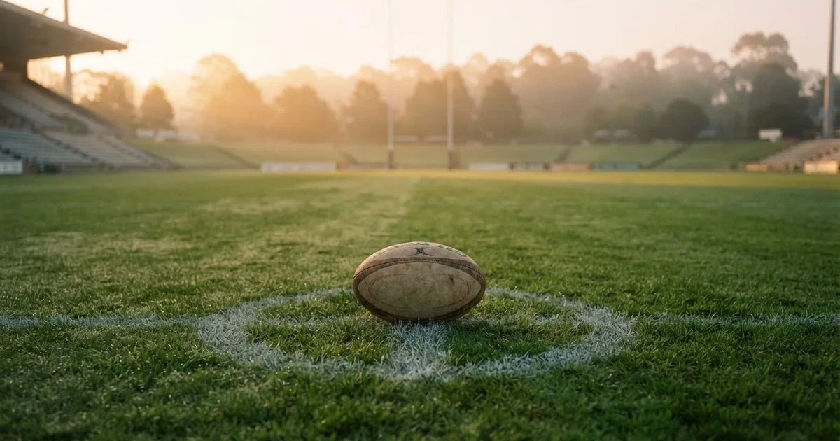 A ball on the centre spot of a grass pitch in morning light