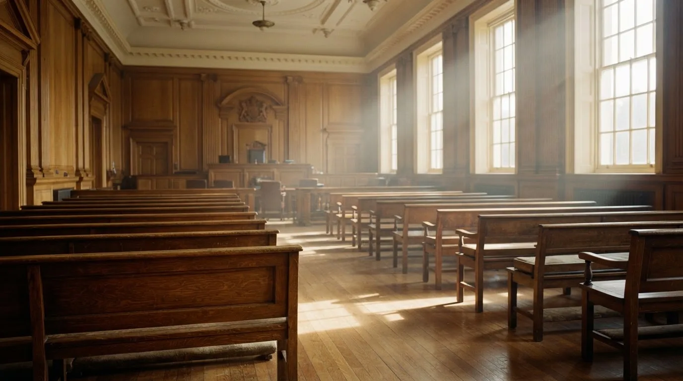 An empty courtroom with wooden benches in morning light