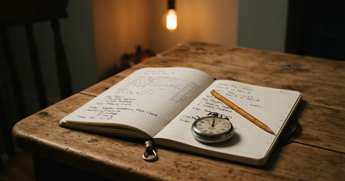 An open notebook with a pencil and a stopwatch on a wooden table