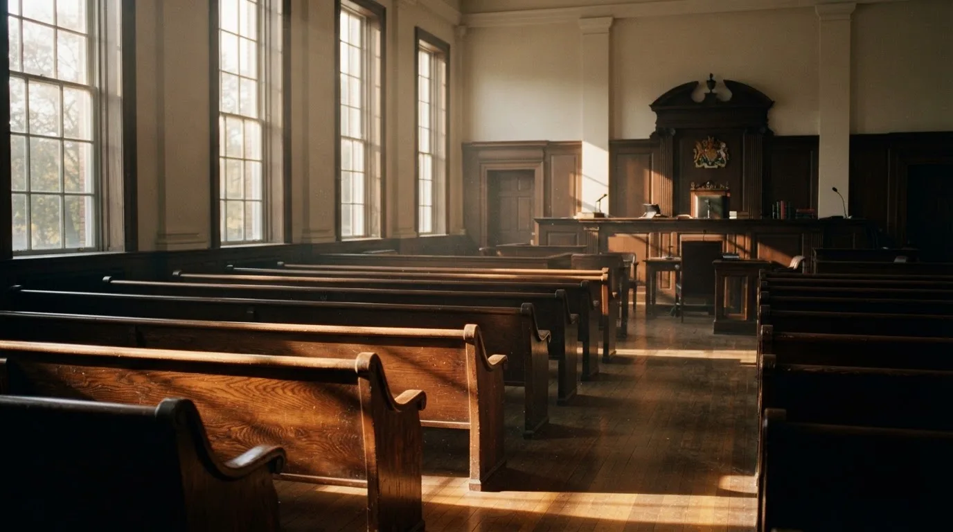 An empty courtroom with wooden benches in morning light