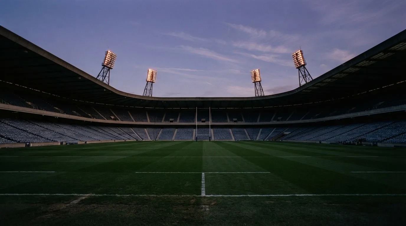 An empty football stadium with floodlight masts at dusk