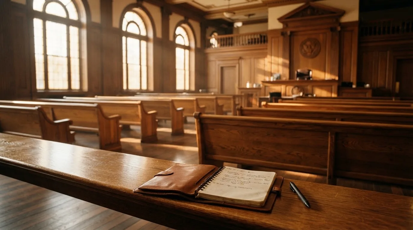 An empty courtroom with wooden benches in morning light