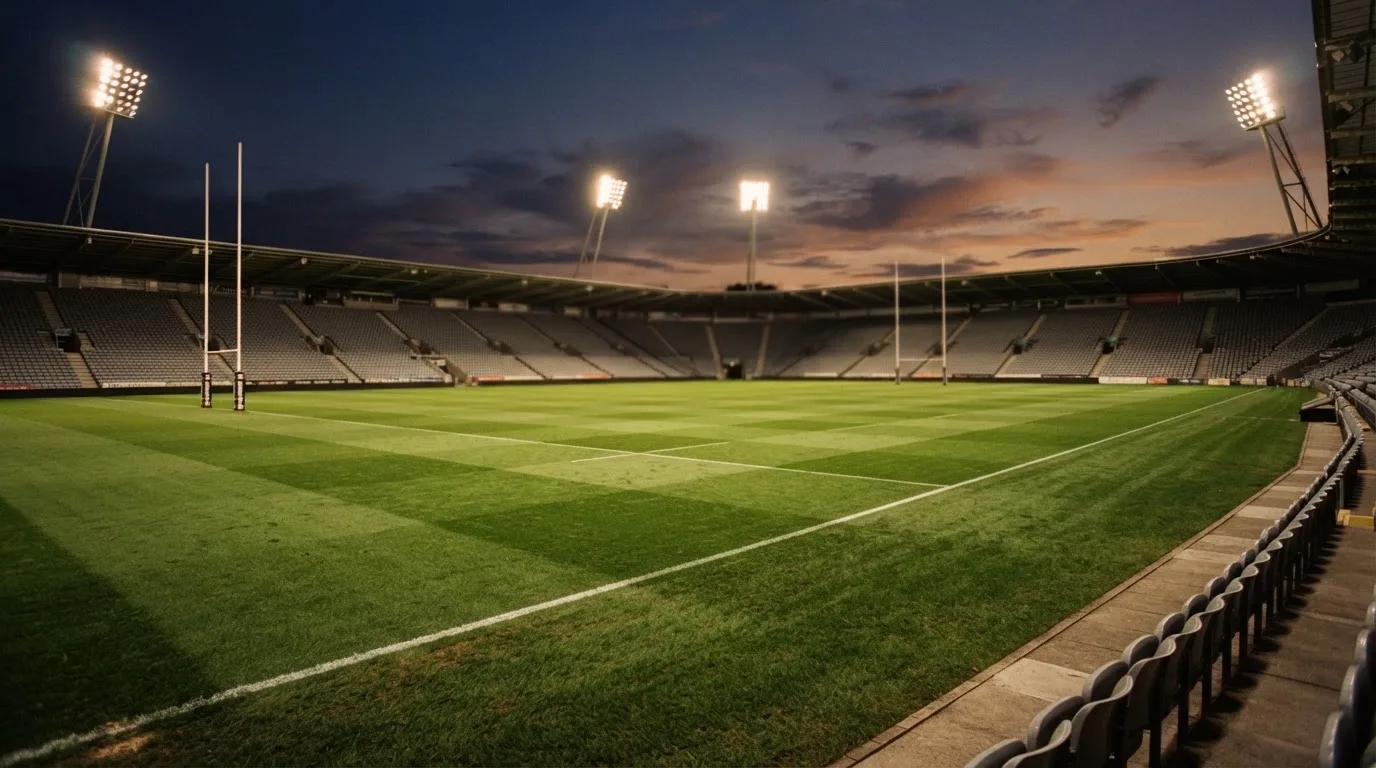 An empty football stadium with floodlight masts at dusk