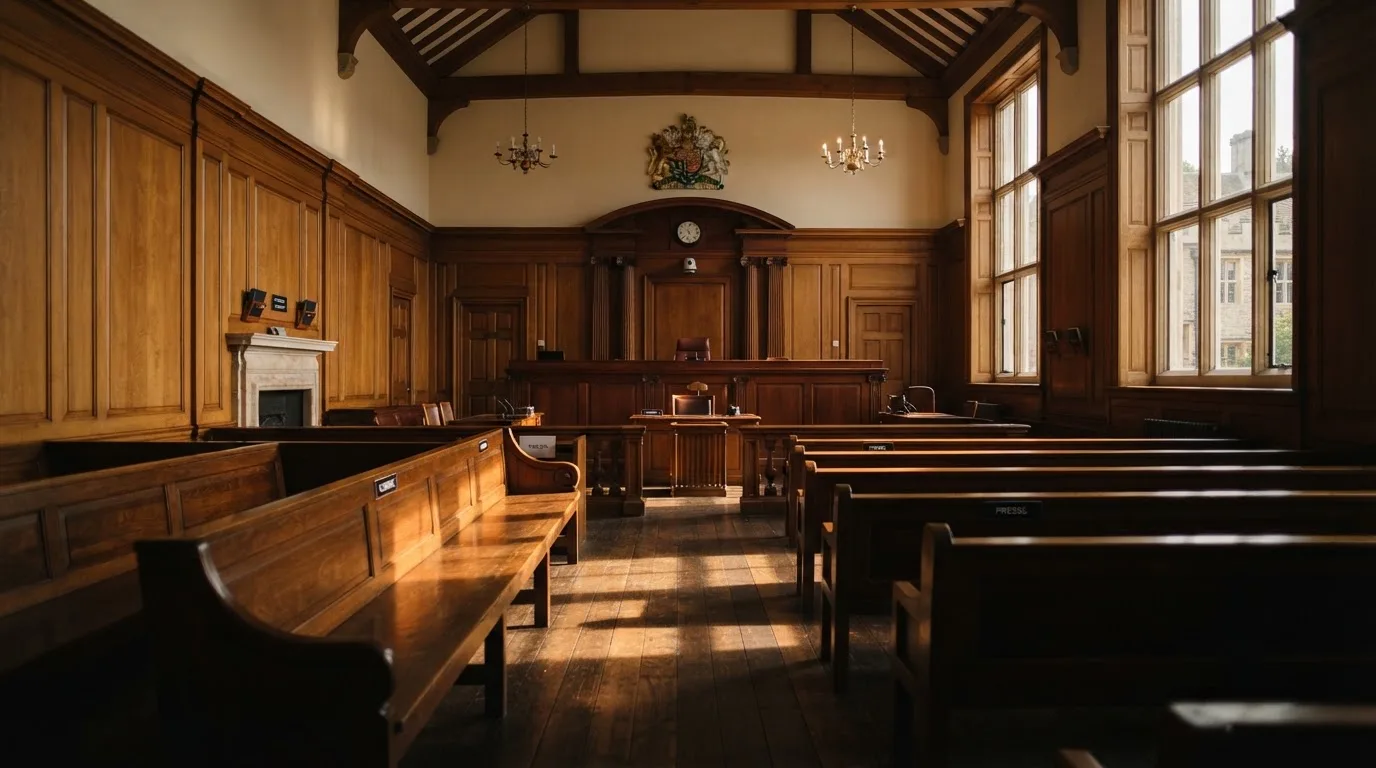 An empty courtroom with wooden benches in morning light