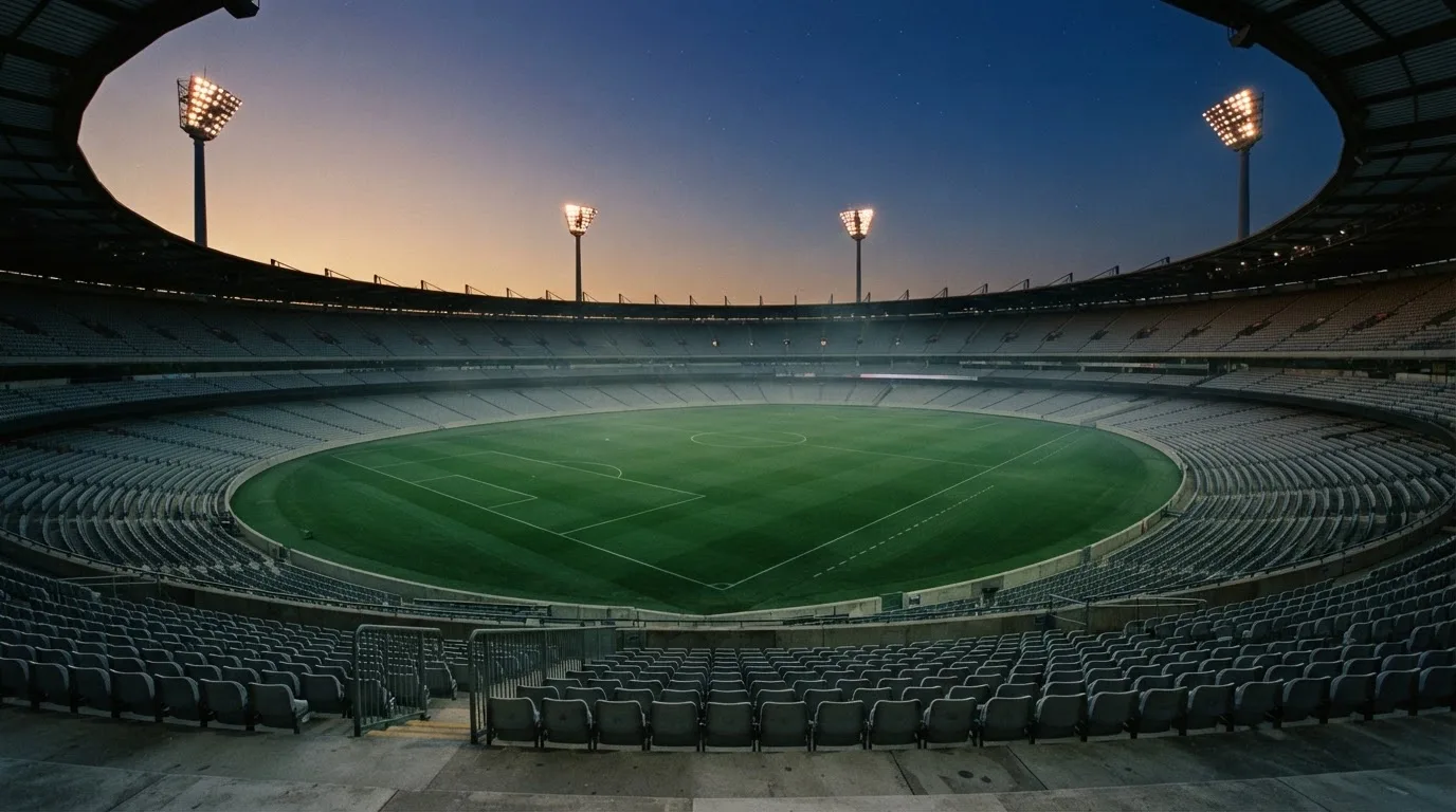 An empty football stadium with floodlight masts at dusk