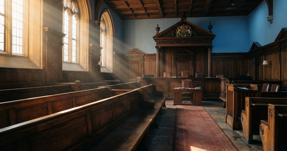 An empty courtroom with wooden benches in morning light