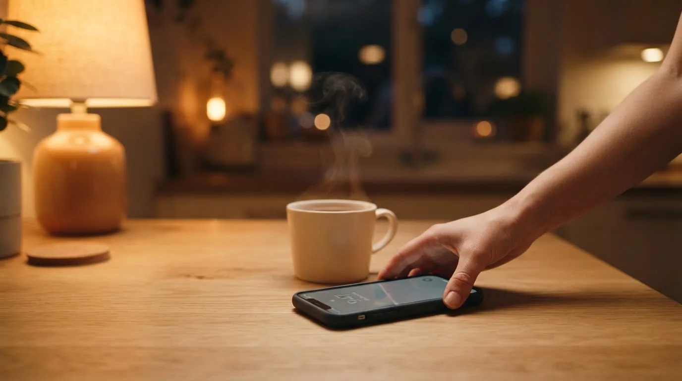 A hand setting a smartphone down beside a cup of tea on a kitchen table on a quiet evening