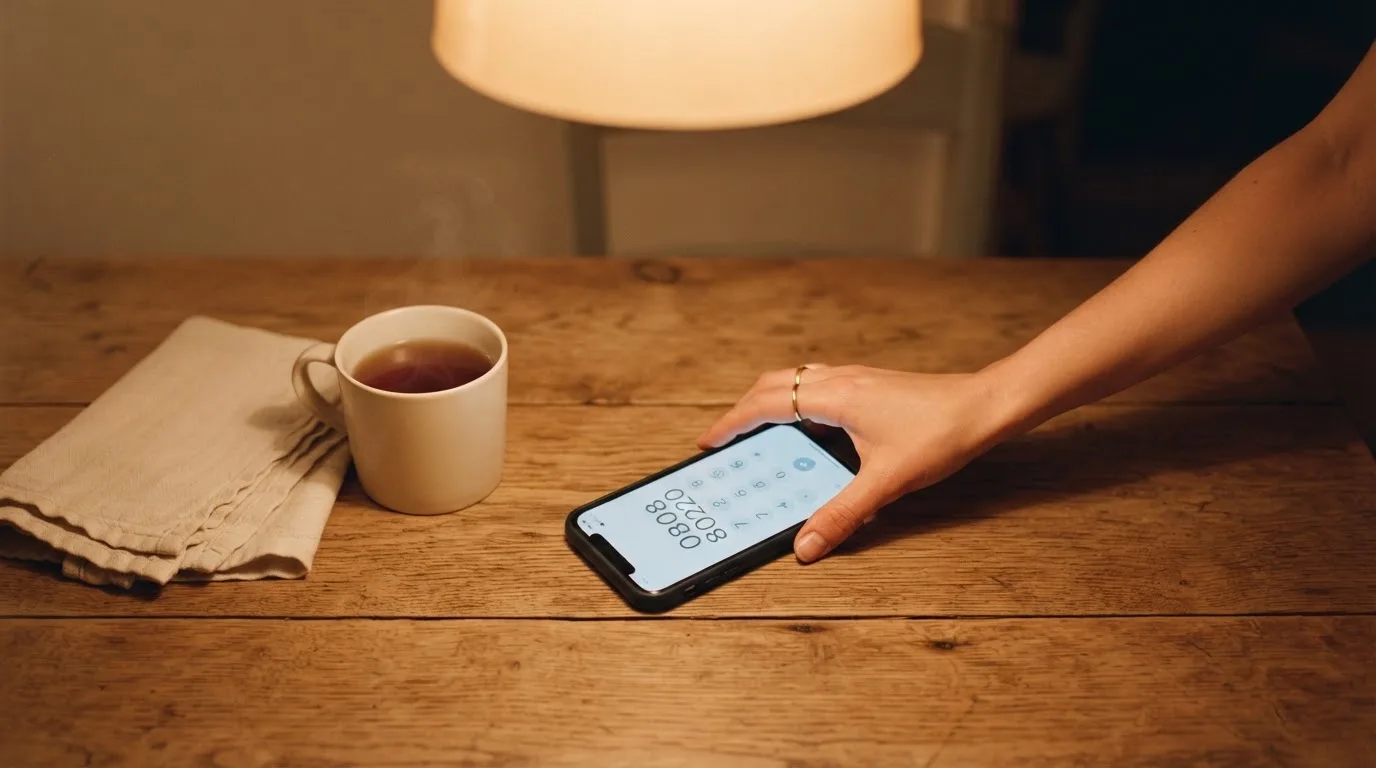 A hand setting a smartphone down beside a cup of tea on a kitchen table on a quiet evening