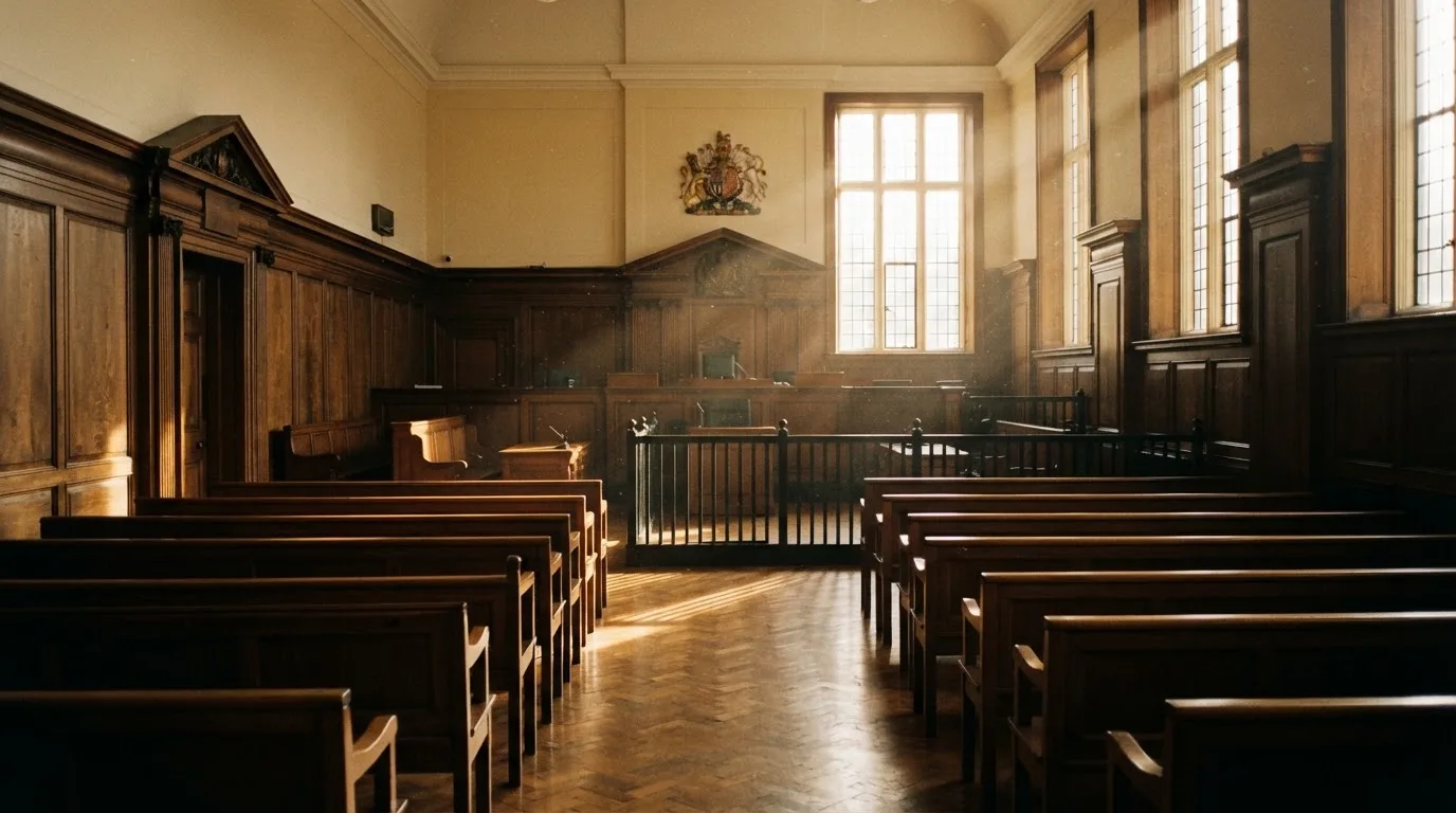 An empty courtroom with wooden benches in morning light