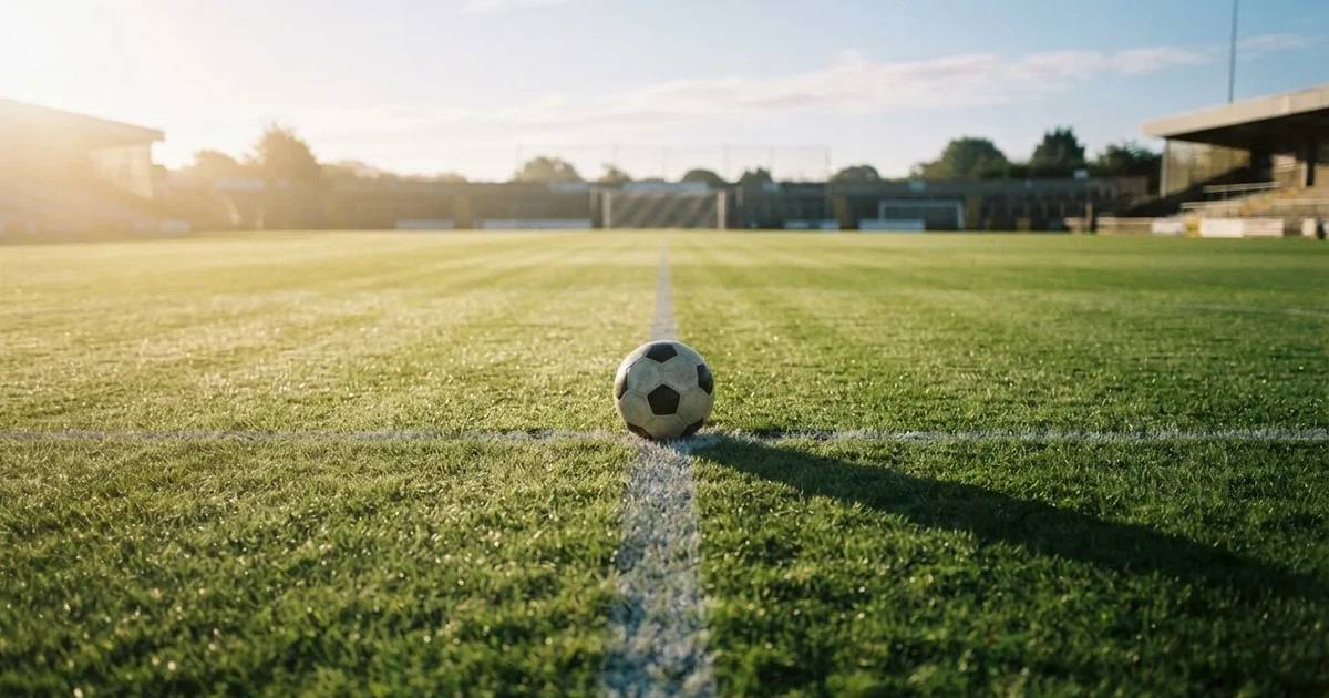 A ball on the centre spot of a grass pitch in morning light