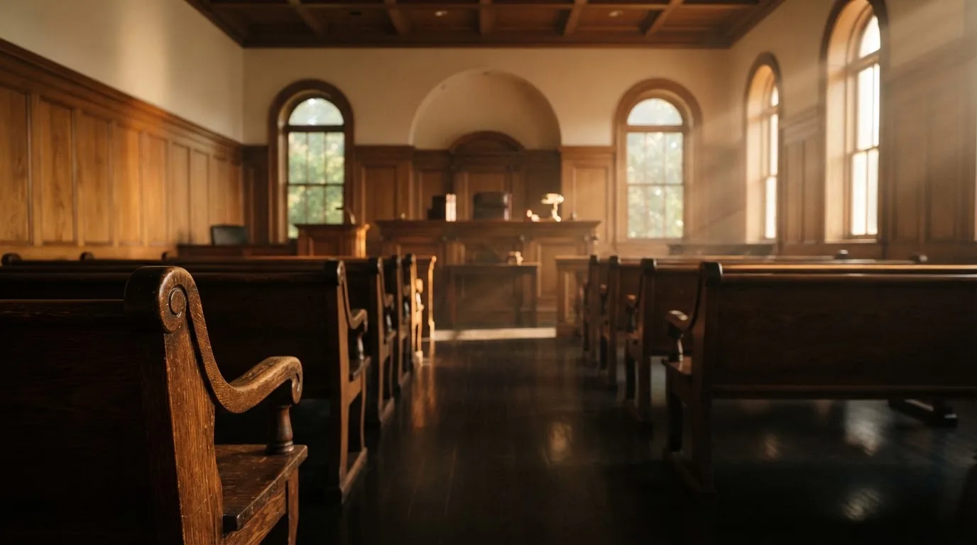 An empty courtroom with wooden benches in morning light