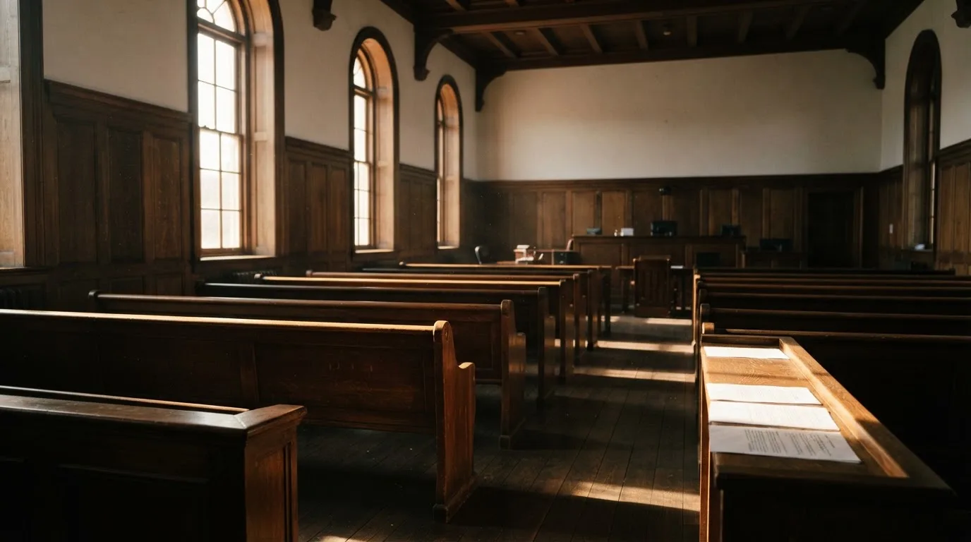An empty courtroom with wooden benches in morning light