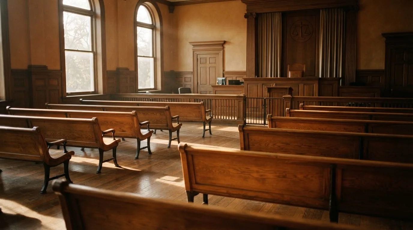An empty courtroom with wooden benches in morning light