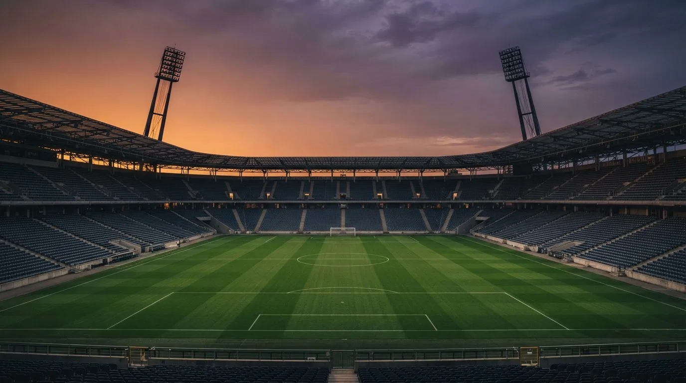 An empty football stadium with floodlight masts at dusk