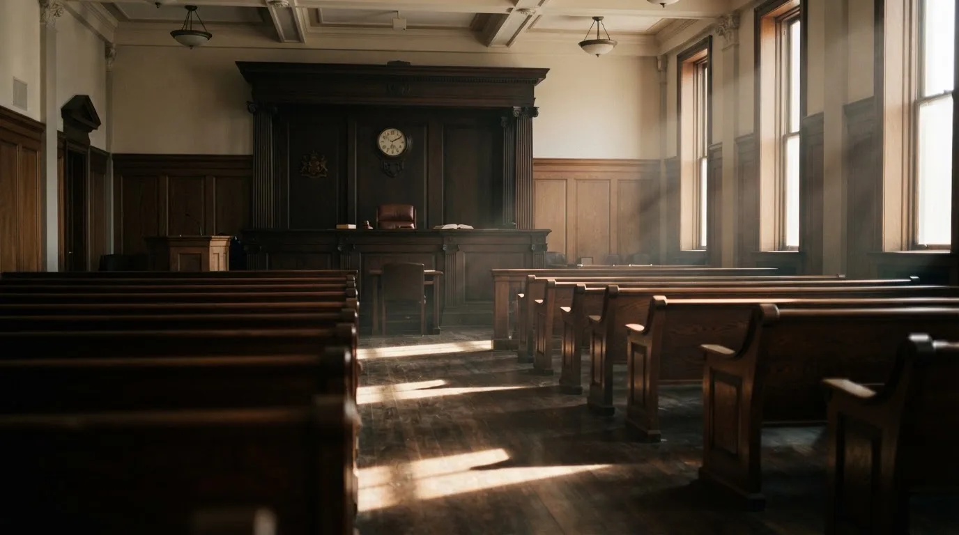 An empty courtroom with wooden benches in morning light