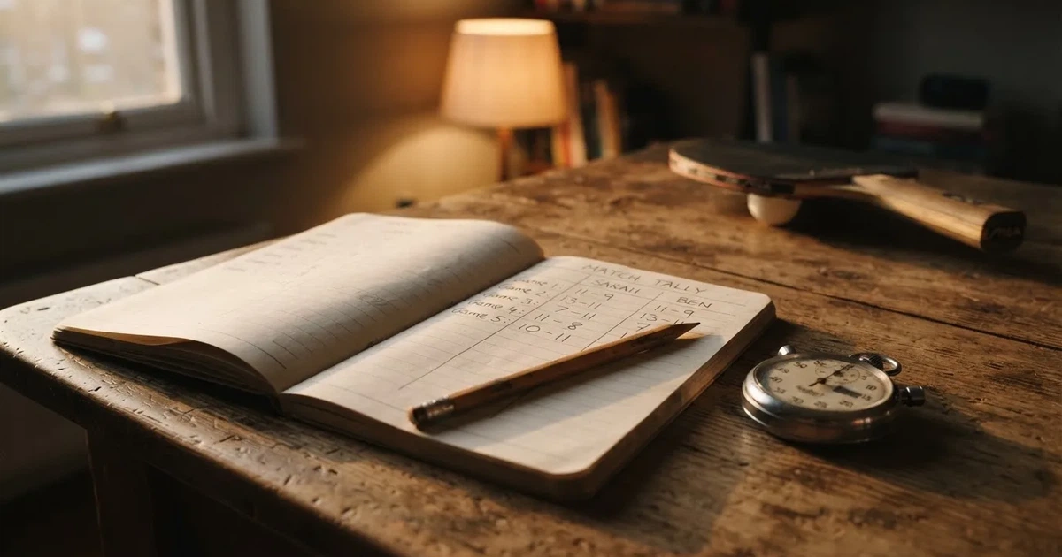 An open notebook with a pencil and a stopwatch on a wooden table