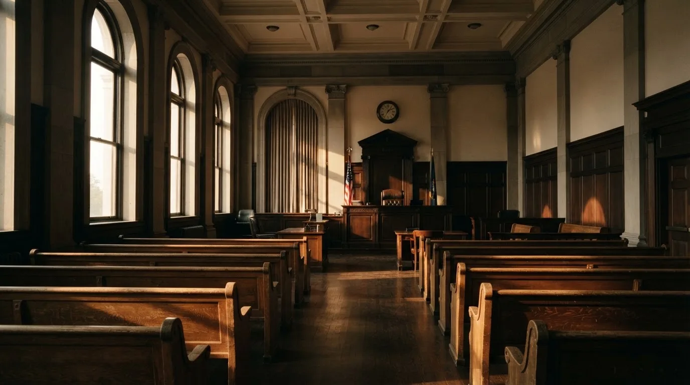 An empty courtroom with wooden benches in morning light