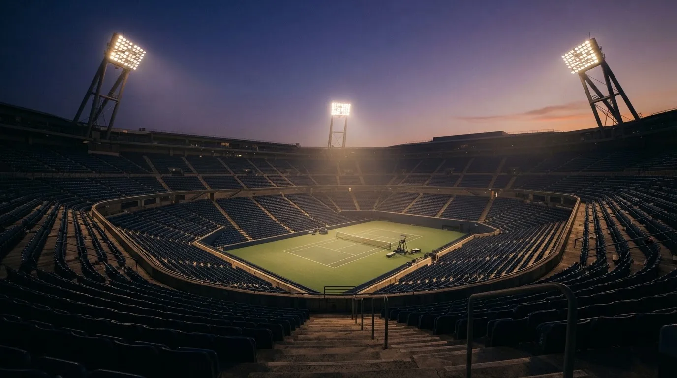 An empty football stadium with floodlight masts at dusk