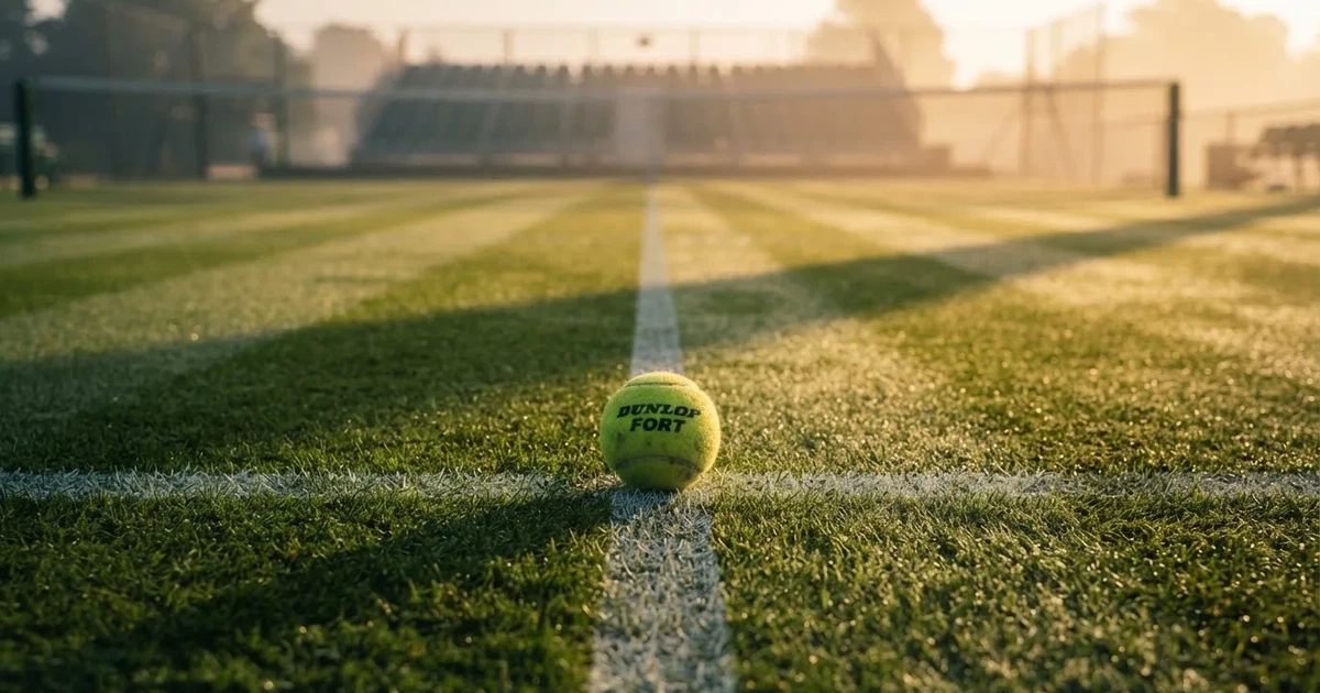 A ball on the centre spot of a grass pitch in morning light