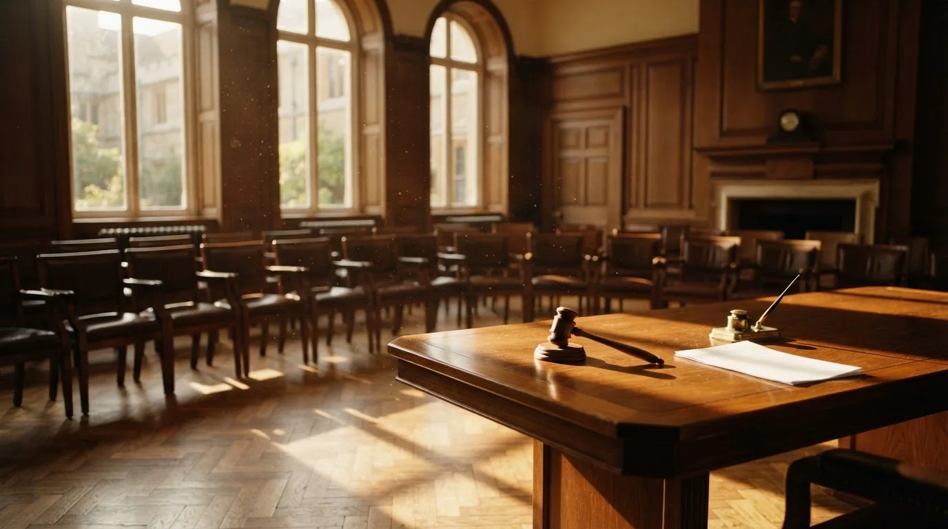 An empty courtroom with wooden benches in morning light