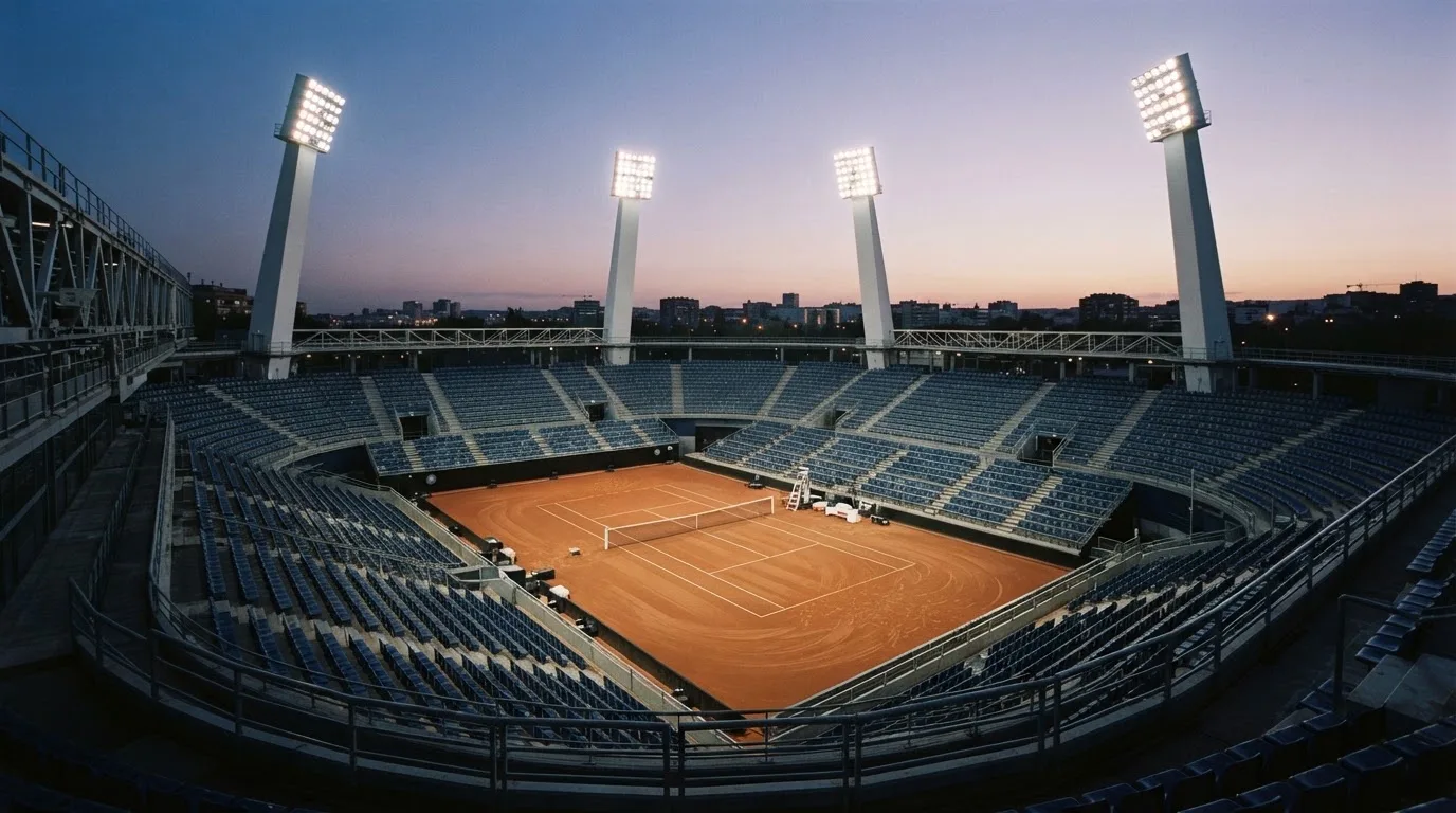 An empty football stadium with floodlight masts at dusk