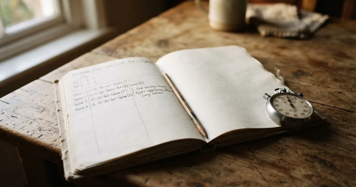 An open notebook with a pencil and a stopwatch on a wooden table