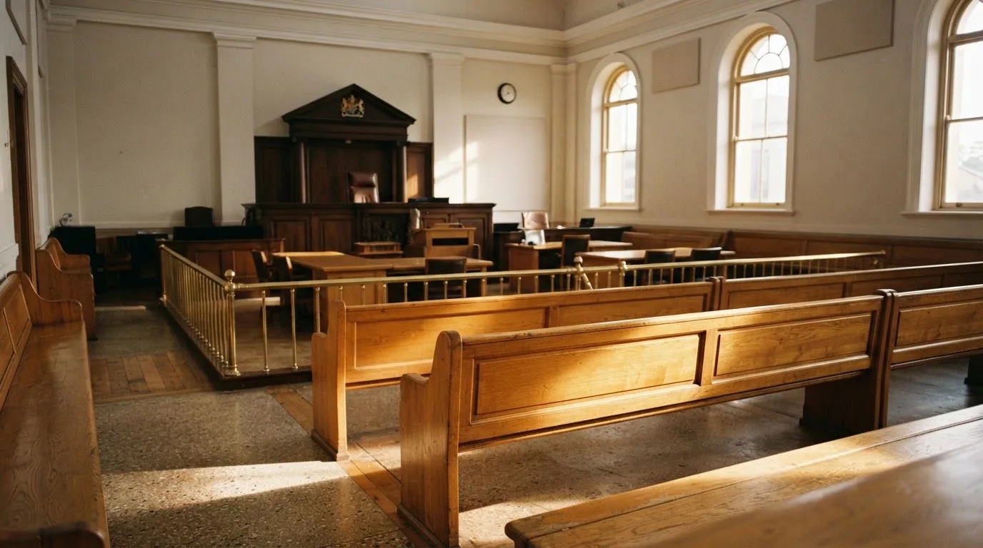 An empty courtroom with wooden benches in morning light
