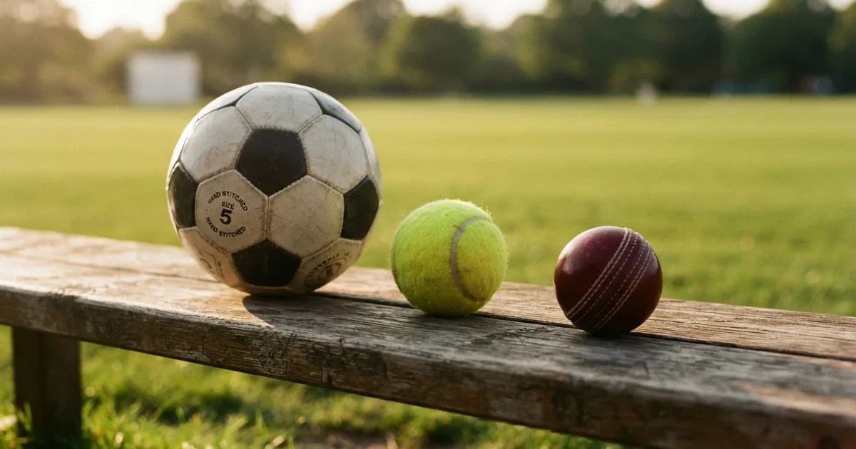 Three balls of different kinds side by side on a wooden bench
