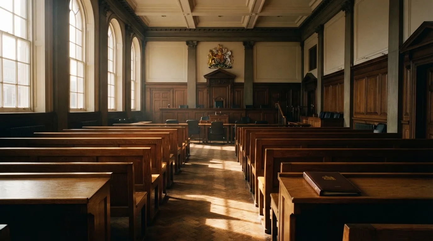 An empty courtroom with wooden benches in morning light
