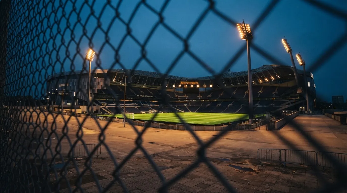 An empty football stadium with floodlight masts at dusk