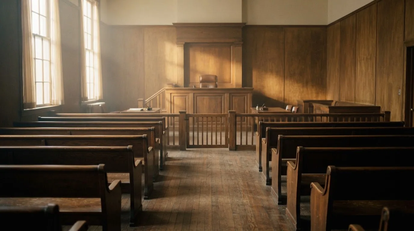 An empty courtroom with wooden benches in morning light