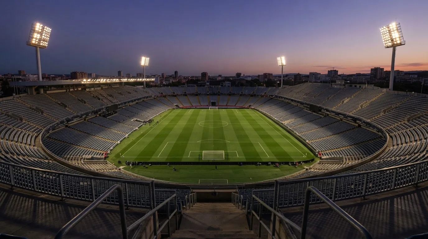An empty football stadium with floodlight masts at dusk