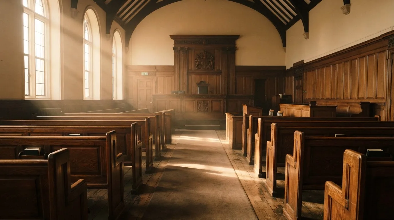 An empty courtroom with wooden benches in morning light