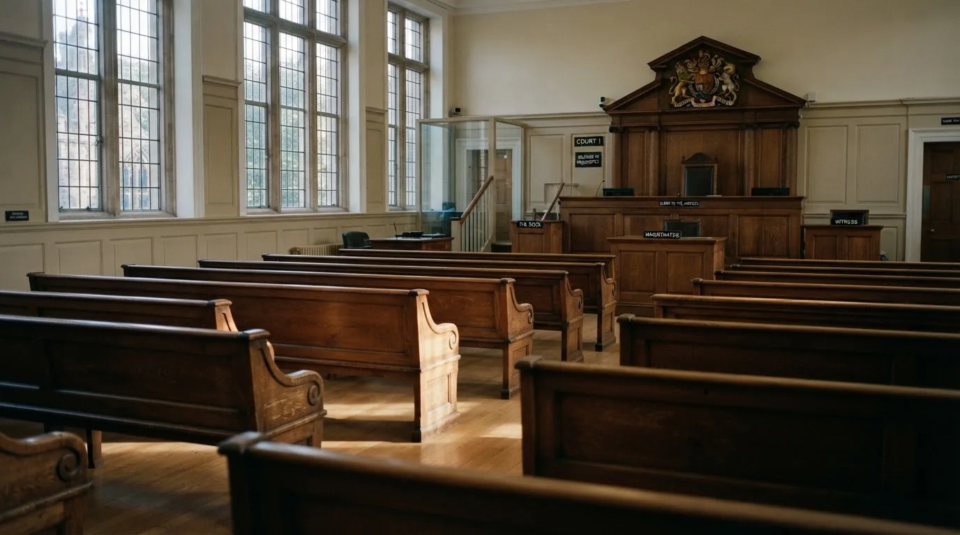 An empty courtroom with wooden benches in morning light