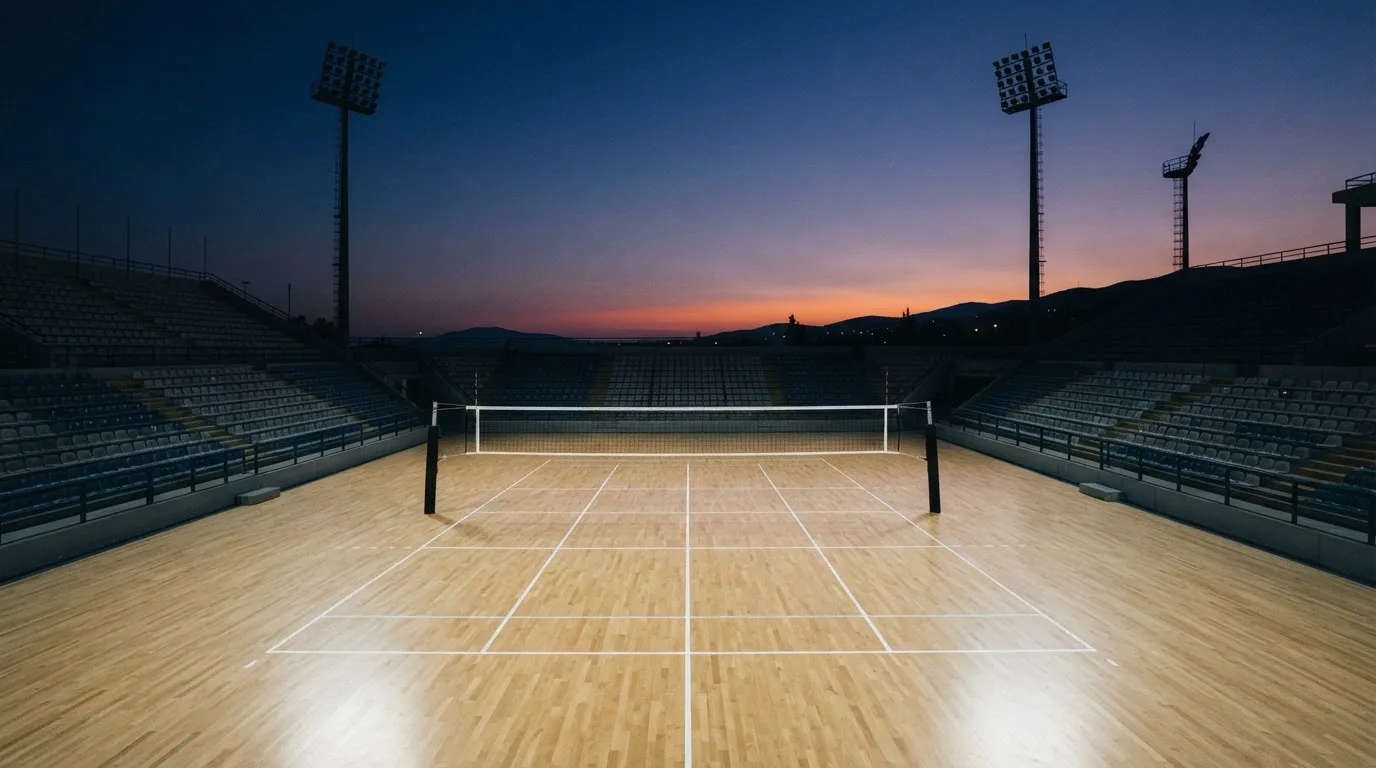 An empty football stadium with floodlight masts at dusk