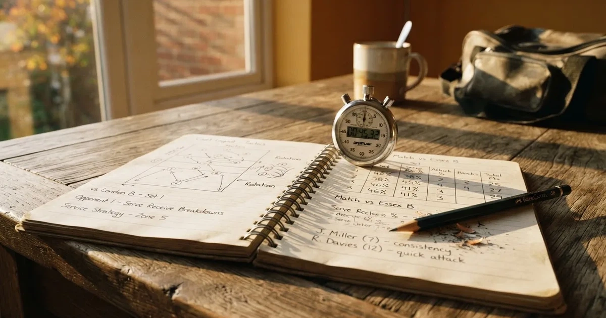 An open notebook with a pencil and a stopwatch on a wooden table
