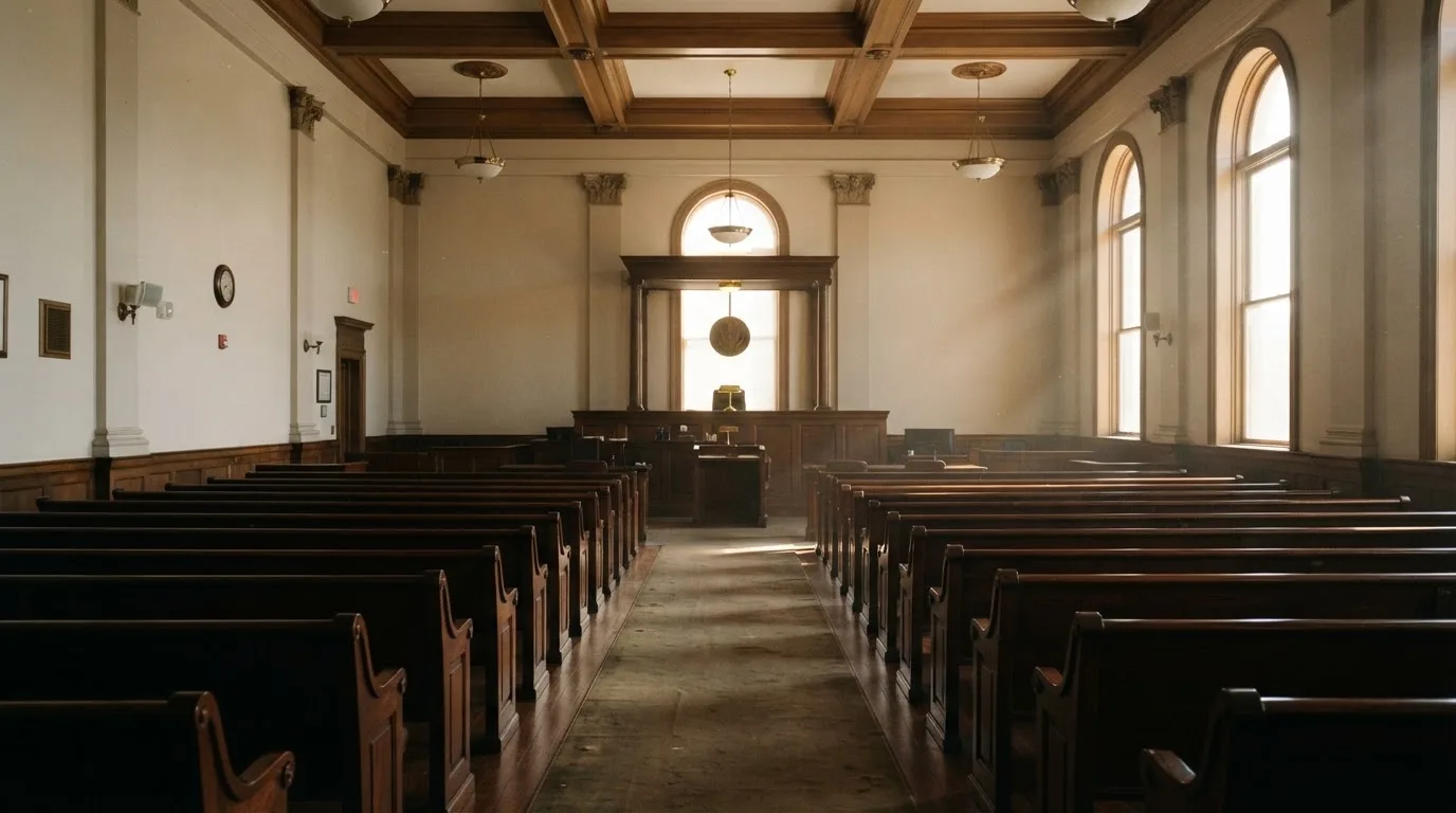 An empty courtroom with wooden benches in morning light