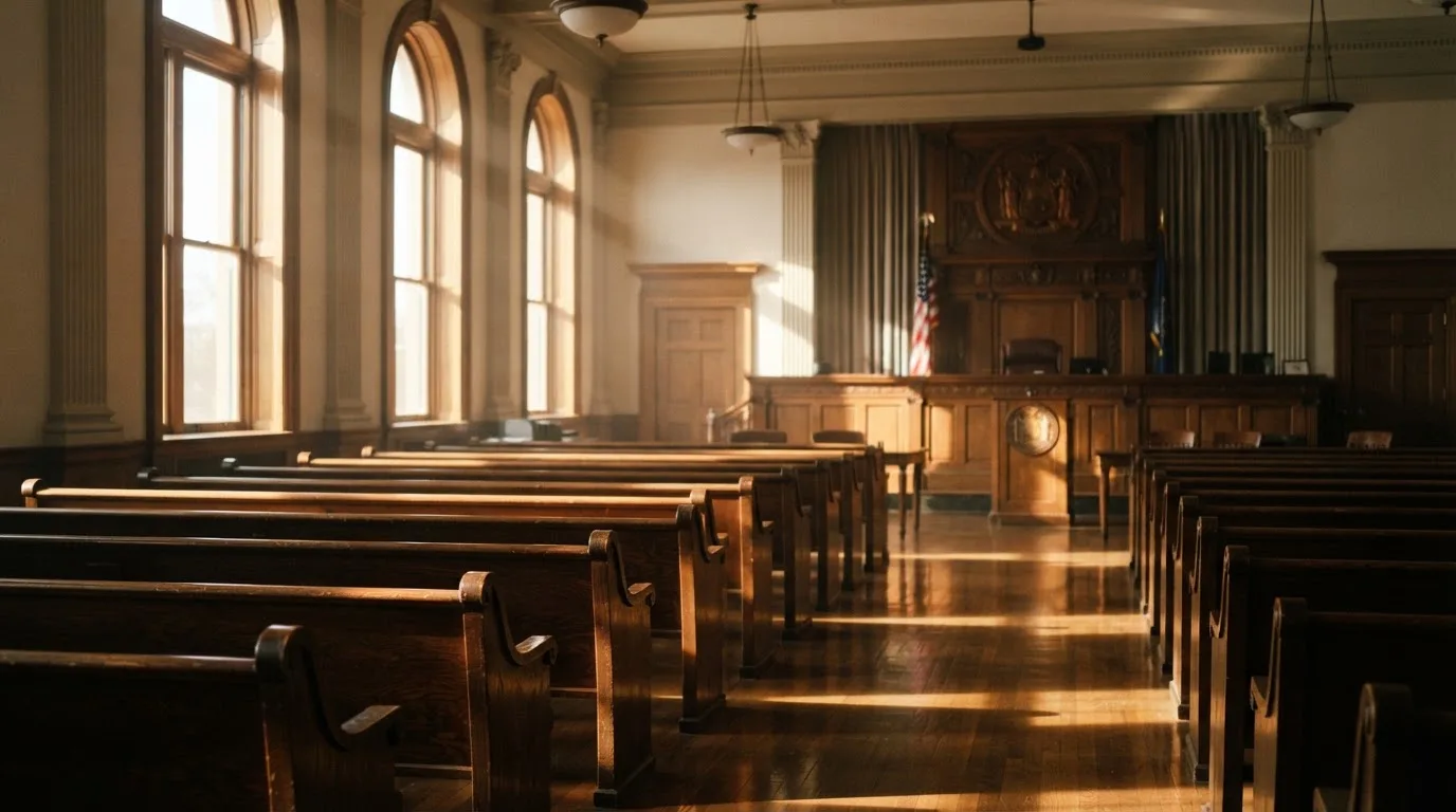 An empty courtroom with wooden benches in morning light