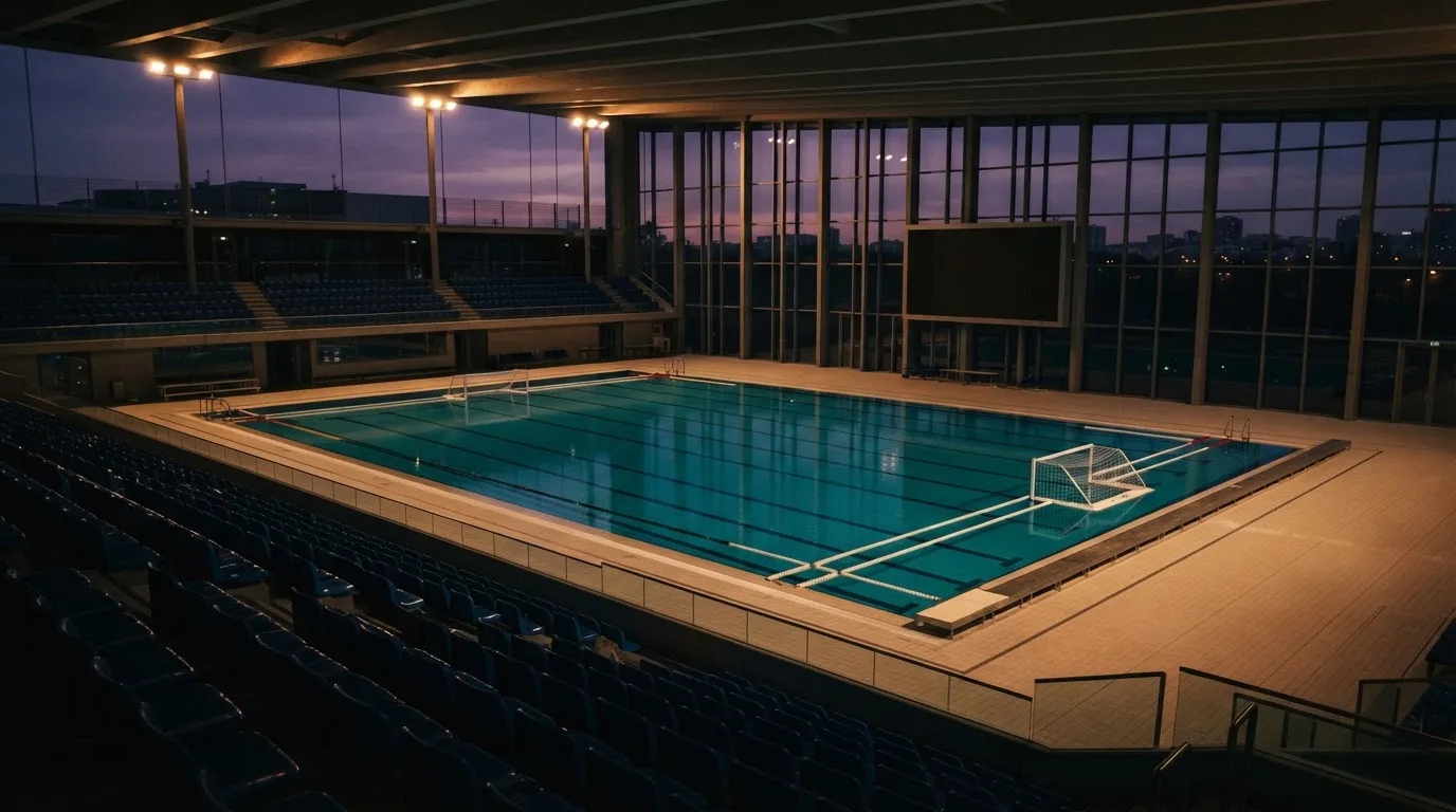 An empty football stadium with floodlight masts at dusk