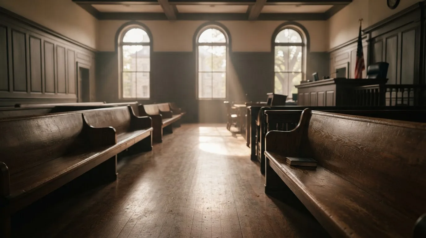 An empty courtroom with wooden benches in morning light