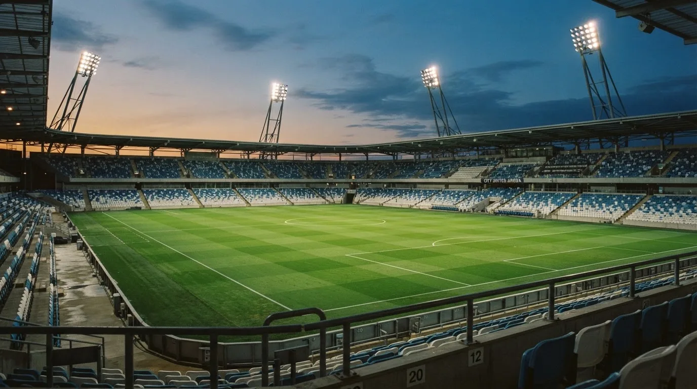 An empty football stadium with floodlight masts at dusk