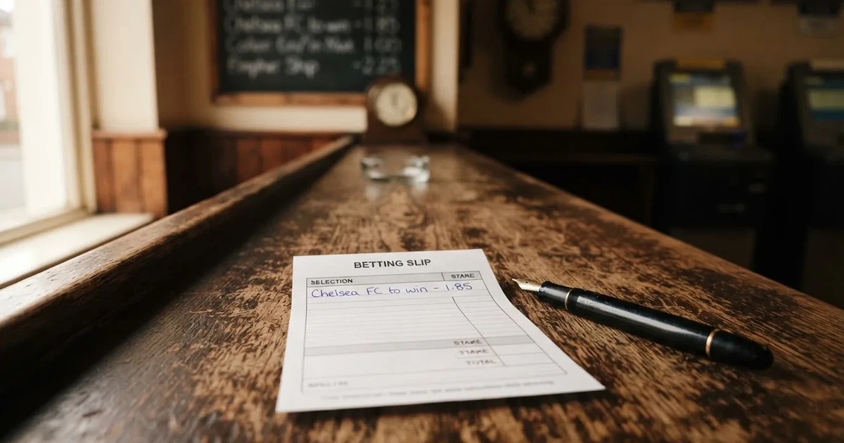 A blank paper betting slip beside a pen on a wooden counter