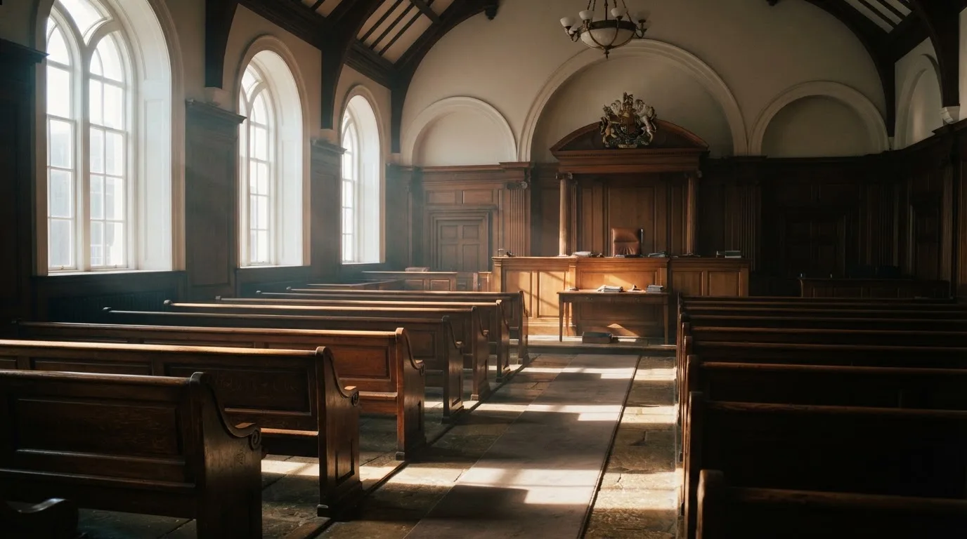 An empty courtroom with wooden benches in morning light