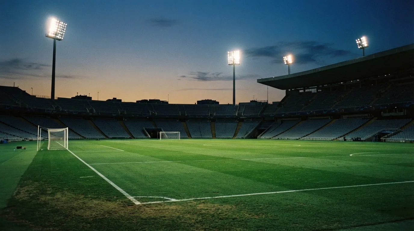 An empty football stadium with floodlight masts at dusk