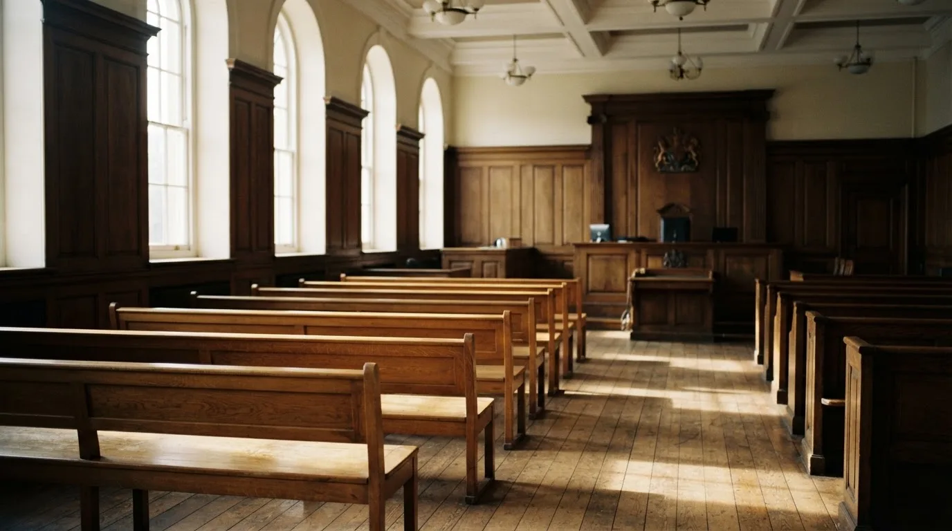 An empty courtroom with wooden benches in morning light