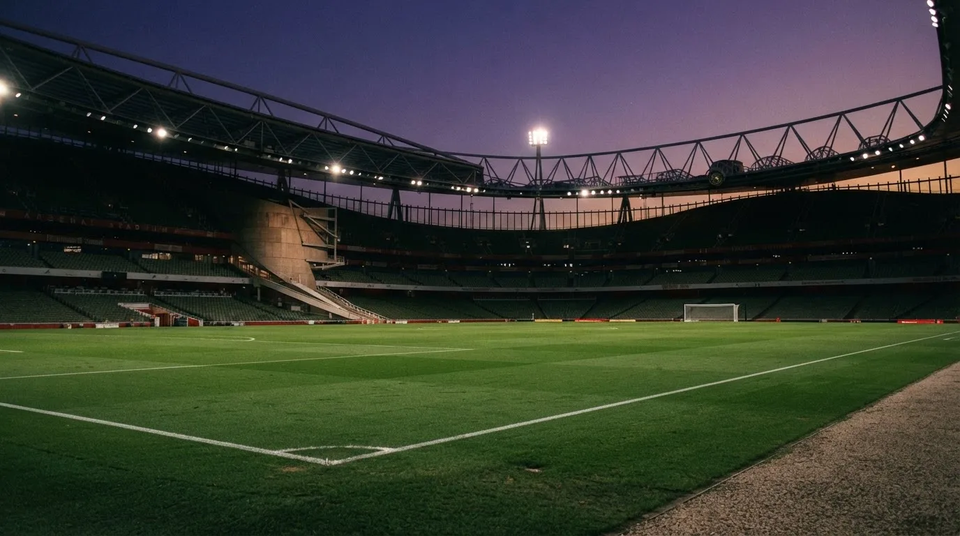 An empty football stadium with floodlight masts at dusk