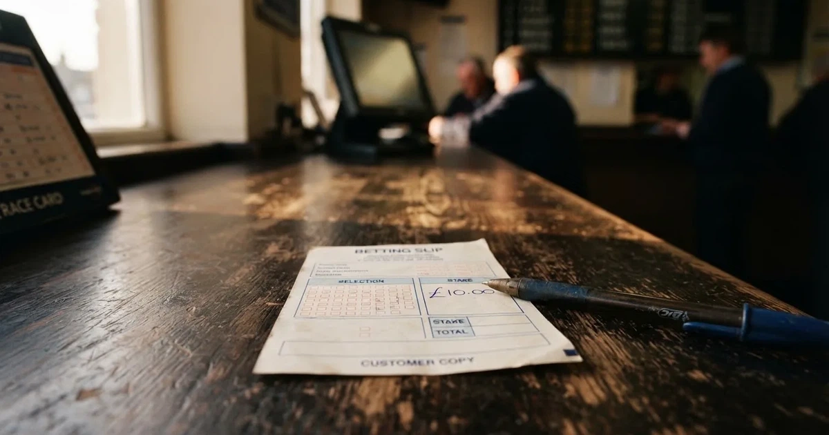 A blank paper betting slip beside a pen on a wooden counter