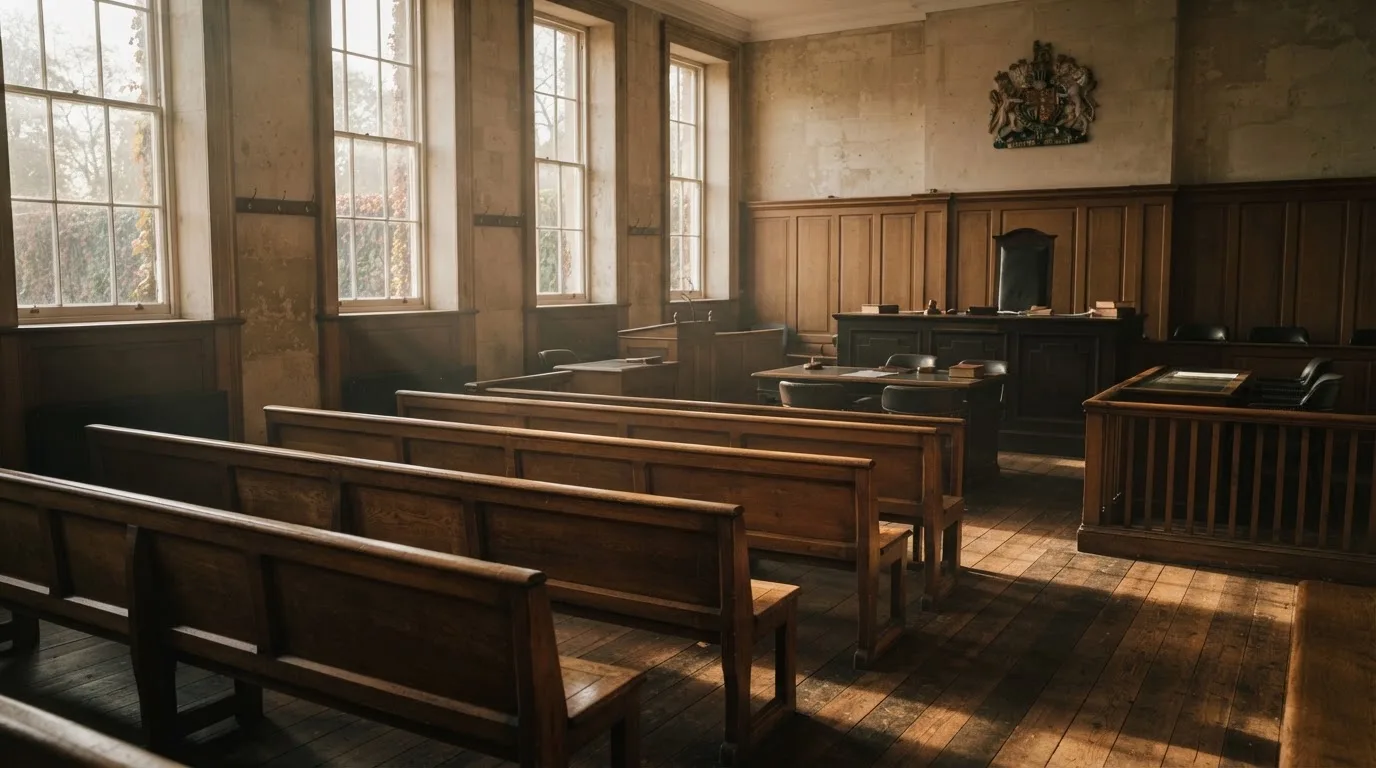 An empty courtroom with wooden benches in morning light